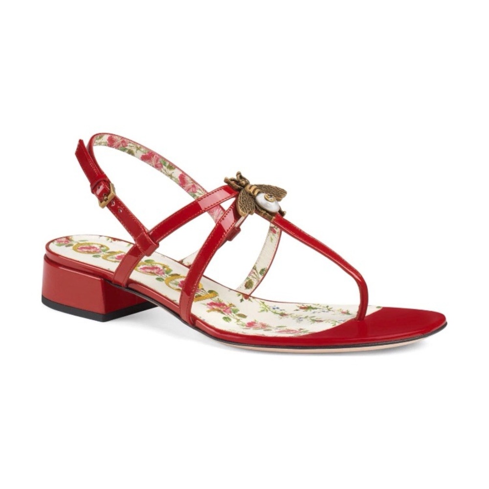 $750 Gucci Vernice Crystal Bee Hibiscus Red Patent Leather Slingback Sandals 6.5